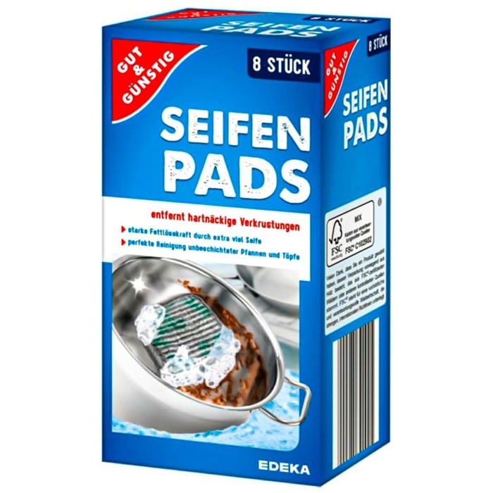 Gut & Günstig | Seifenpads | 8 szt. | Niemieckie gąbki z detergentem | Do przypaleń i tłuszczu | Gotowe do użycia | Kuchnia i łazienka