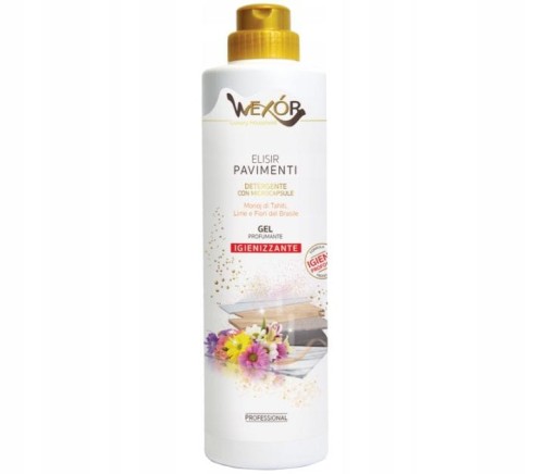 Zdjęcie produktu Wexor Fiori Brasil 750 ml – włoski płyn żelowy do podłóg premium. Butelka z zielonym płynem, perfumowany zapach kwiatów i limonki, koncentrat z mikrokapsułkami, idealny do paneli, płytek i podłóg drewnianych.