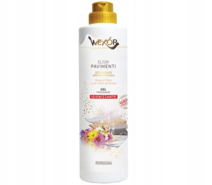 Zdjęcie produktu Wexor Fiori Brasil 750 ml – włoski płyn żelowy do podłóg premium. Butelka z zielonym płynem, perfumowany zapach kwiatów i limonki, koncentrat z mikrokapsułkami, idealny do paneli, płytek i podłóg drewnianych.