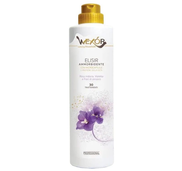 Zdjęcie produktu Wexor Elisir Ammorbidente Armonia Viola 750 ml – butelka premium płynu z mikrokapsułkami i proteinami jedwabiu, zapach Rosa Indiana, Viola i imbir, luksusowy płyn do płukania tkanin (30 prań).