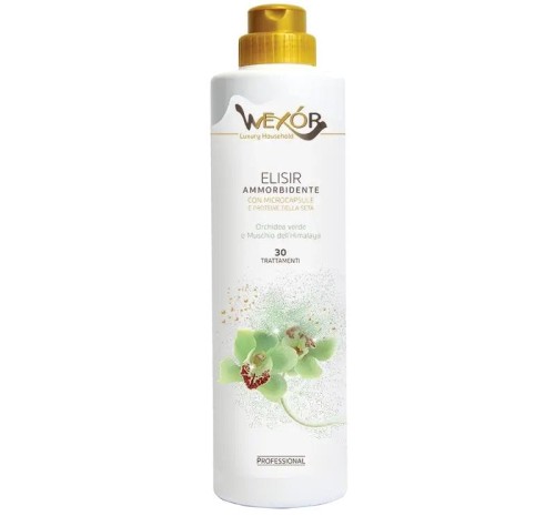 Zdjęcie produktu Wexor Elisir Ammorbidente Verde Himalaya 750 ml – butelka płynu do płukania tkanin premium, zapach zielonej orchidei i mchu himalajskiego, z mikrokapsułkami i proteinami jedwabiu, do 30 prań.