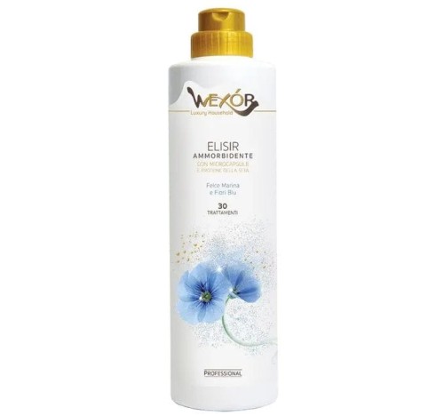 Zdjęcie produktu Wexor Elisir Ammorbidente Fiori Blu 750 ml – butelka premium płynu do płukania tkanin z mikrokapsułkami i proteinami jedwabiu, morski zapach felce marina i fiori blu, do 30 prań.