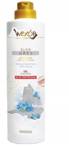 Zdjęcie produktu Wexor Elisir Gres 750 ml – żelowy płyn premium do gresu porcelanowego, zapach paczuli, świeżej mięty i lilii wodnej, z mikrokapsułkami, nie wymaga spłukiwania.