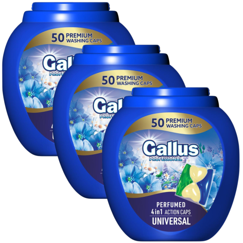 Gallus Universal | Zestaw 3×50 kapsułek | Do białego | 150 prań | 3w1 | Świeży zapach | Wydajność