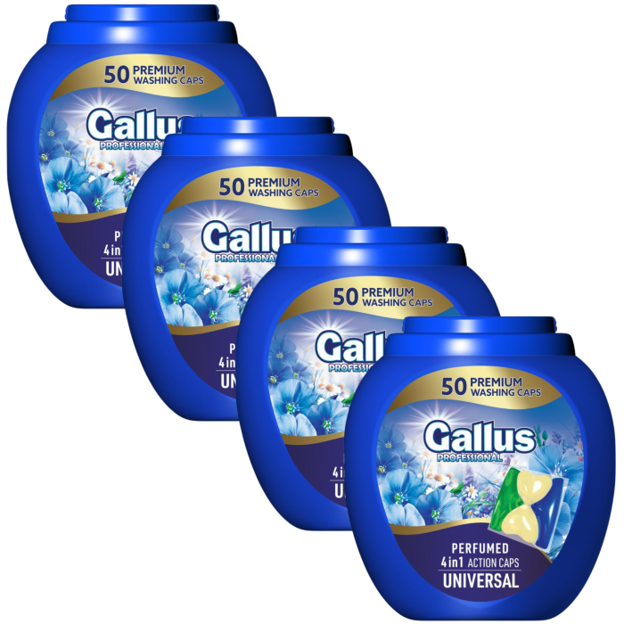 Gallus Universal | Zestaw 4×50 kapsułek | Do białego | 200 prań | 3w1 | Świeży zapach | Oszczędność