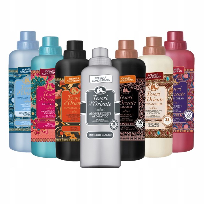 Tesori d'Oriente | Zestaw 7x760 ml | Płyn do kąpieli | Muschio Bianco, Japanese, Byzantium, Hammam, Ayurveda, Persian Dream, Thalasso | Aromaterapia | Włoska jakość