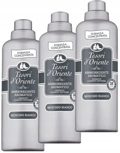 Tesori d’Oriente 3x760 ml Muschio Bianco – zestaw włoskich płynów do płukania. Luksusowy zapach białego piżma, mikrokapsułki, miękkość i ochrona tkanin.