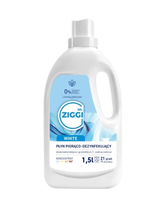 Mr. ZIGGI White | 1,5L | 21 prań | Płyn piorąco-dezynfekujący | Bakteriobójczy | Grzybobójczy | Zwalcza roztocza