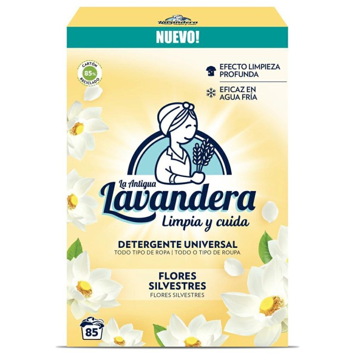 Opakowanie proszku Lavandera Universal 4,675 kg z motywem dzikich kwiatów, produkt hiszpański, 85 prań