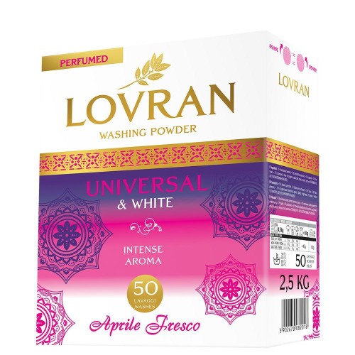 Proszek Lovran Universal & White 2,5 kg – opakowanie 50 prań, do prania białego i kolorowego, zapach Aprile Fresco