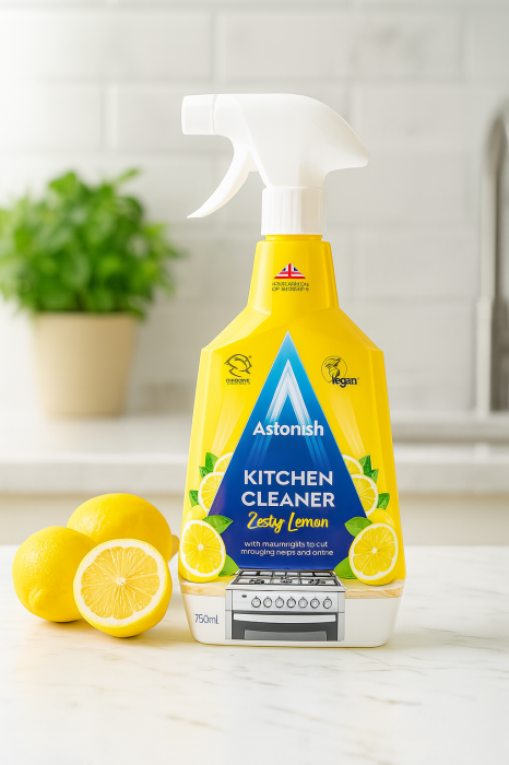 Astonish | Kitchen Cleaner | Zesty Lemon | 750 ml | Angielski środek do kuchni | Odtłuszczający spray | Cytrynowy zapach | Blaty, kuchenki, zlewy