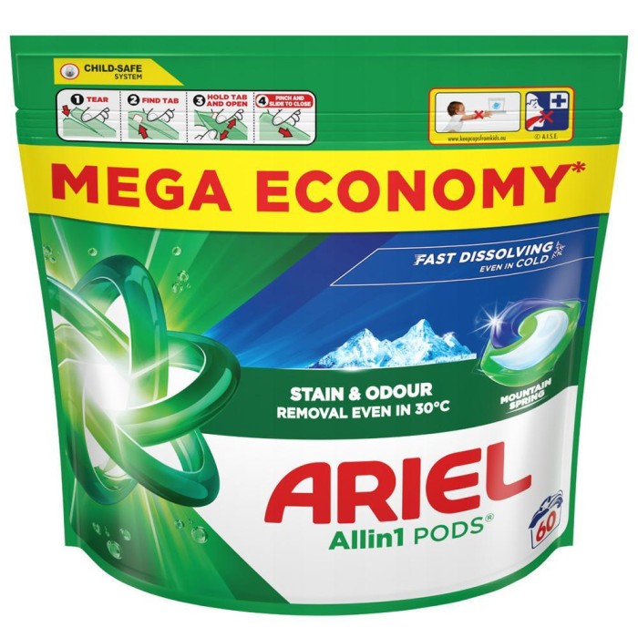 Ariel | Mountain Spring All-in-1 | 60 kapsułek | Zapach górskiej bryzy | Usuwanie plam