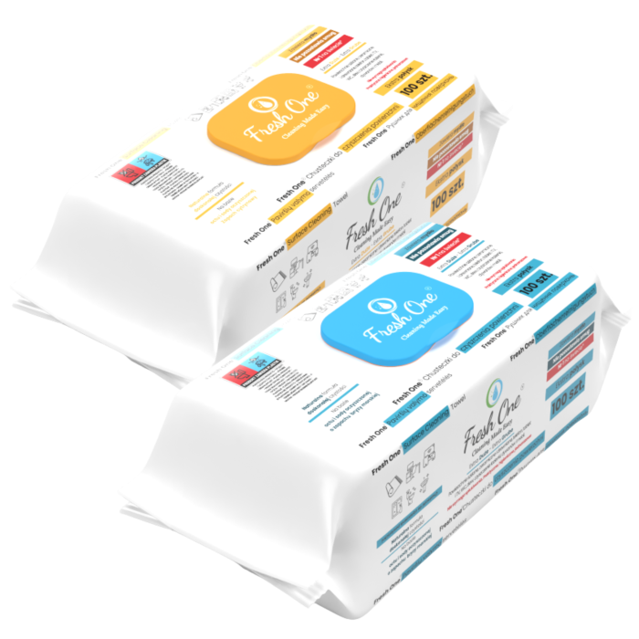 Zdjęcie zestawu Fresh One 2x100 sztuk Bryza + Cytryna – nawilżane chusteczki do sprzątania, uniwersalne, orzeźwiający zapach morskiej bryzy i cytryny, 200 sztuk.