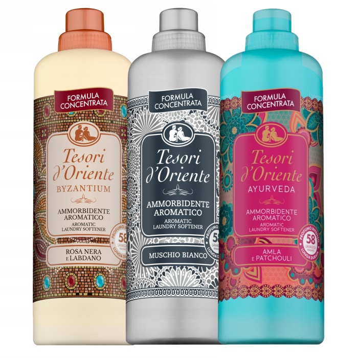 Zestaw 3x Tesori d’Oriente – koncentraty do płukania tkanin 1160 ml (Ayurveda, Byzantium, Muschio Bianco)
