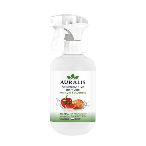 Auralis 500 ml – naturalny płyn do mycia owoców i warzyw przeznaczony do codziennego oczyszczania produktów spożywczych. Skutecznie wspiera usuwanie zabrudzeń i osadów z powierzchni owoców oraz warzyw. Po użyciu wystarczy dokładnie spłukać wodą.