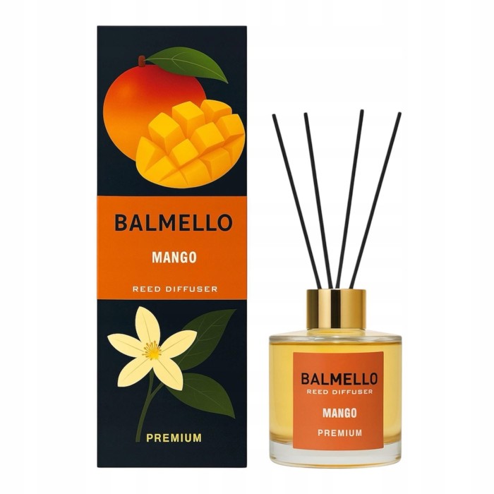 „Balmello Mango 120 ml – premium patyczki zapachowe o słodkim, egzotycznym aromacie mango.”