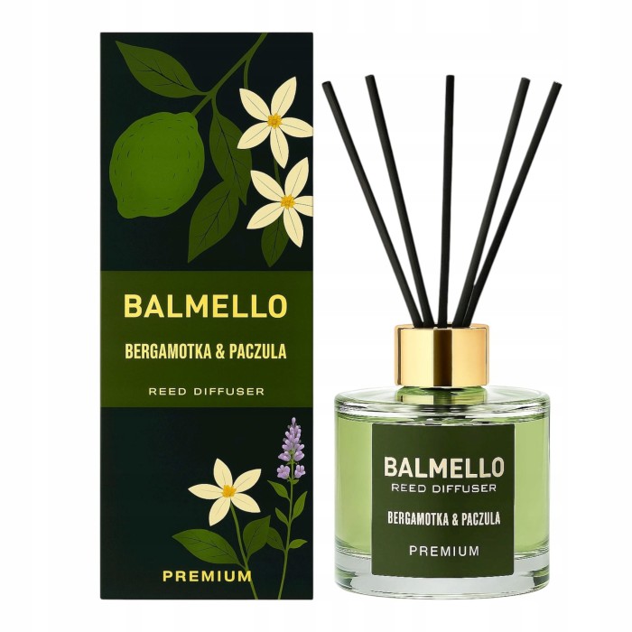„Balmello Bergamotka i Paczula 120 ml – premium patyczki zapachowe o cytrusowo-orientalnej kompozycji.”