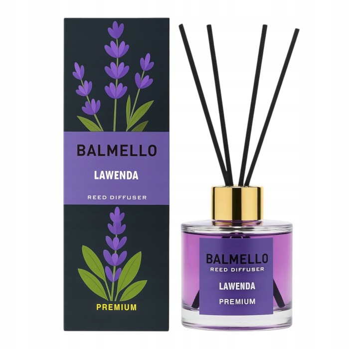 „Balmello Lawenda 120 ml – premium patyczki zapachowe o klasycznym, relaksującym aromacie lawendy.”