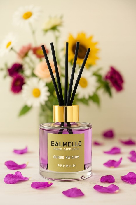 „Balmello Ogród kwiatów 120 ml – premium patyczki zapachowe o bogatym, bukietowym aromacie kwiatowym.”