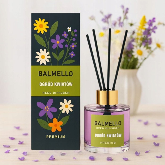 „Patyczki zapachowe Balmello Ogród kwiatów – elegancki flakon 120 ml jako dekoracja i zapach do domu.”