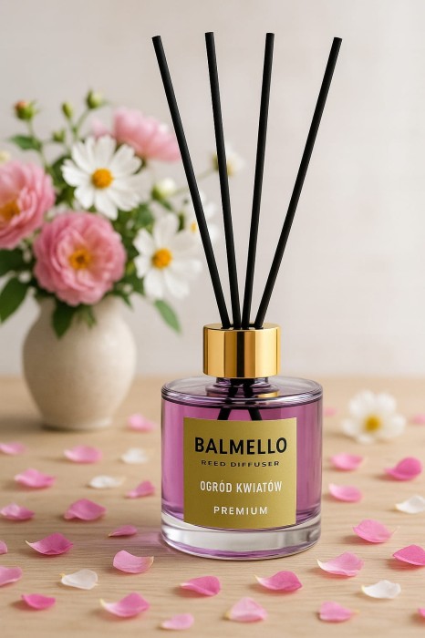 „Balmello Ogród kwiatów 120 ml – luksusowy dyfuzor zapachowy z patyczkami do salonu, sypialni i przestrzeni biurowych.”