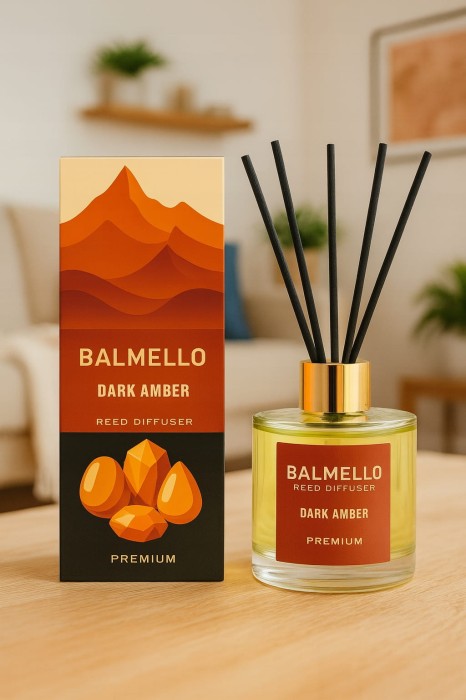 „Balmello Dark Amber 120 ml – premium patyczki zapachowe o głębokim, ambrowo–drzewnym aromacie.”