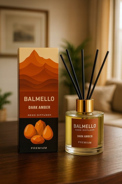 „Patyczki zapachowe Balmello Dark Amber – elegancki flakon 120 ml jako dekoracja i zapach do domu lub biura.”