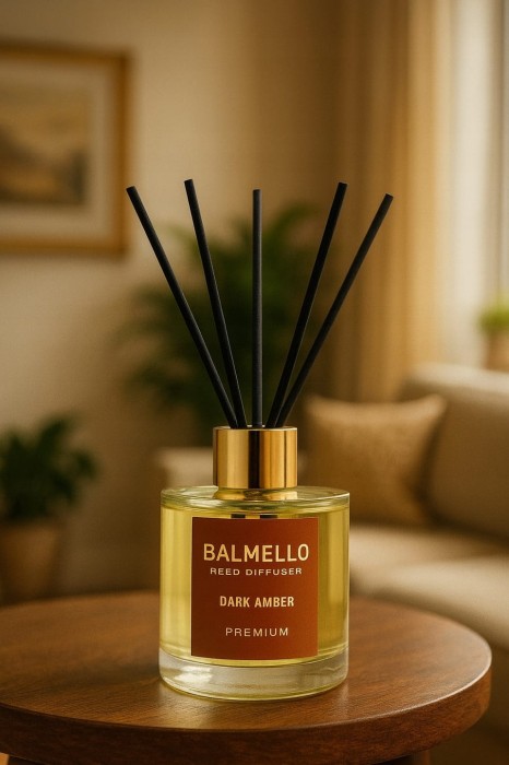 „Balmello Dark Amber 120 ml – luksusowy dyfuzor zapachowy z patyczkami do salonu, sypialni i gabinetu.”