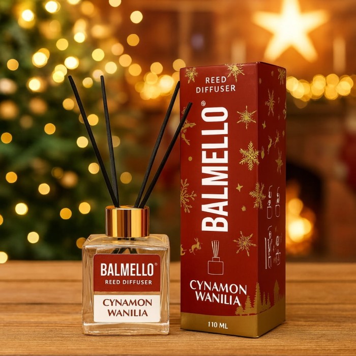 „Patyczki zapachowe Balmello Cynamon & Wanilia – elegancki flakon 110 ml jako dekoracja i zapach do domu.”