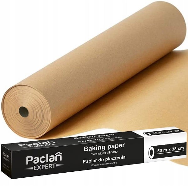 Paclan Expert papier do pieczenia brązowy 50 m × 38 cm. Rolka, dwustronnie silikonowany, ogranicza przywieranie. Wygodne odcinanie na wymiar.