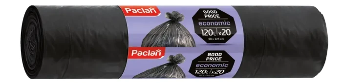 Paclan Economic worki na śmieci 120 L. Uniwersalne, duży rozmiar, 20 sztuk w opakowaniu. Do domu, firmy i porządków.