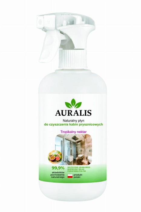 AURALIS płyn do kabin prysznicowych Tropikalny nektar 500 ml – środek do mycia szyb, elementów kabiny prysznicowej i powierzchni łazienkowych, pomagający utrzymać czystość i świeżość.