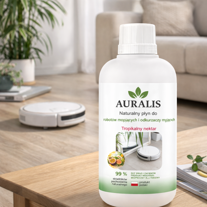AURALIS płyn do robotów mopujących 500 ml w aranżacji domowej – preparat do mycia podłóg i stosowania w robotach sprzątających oraz odkurzaczach myjących.