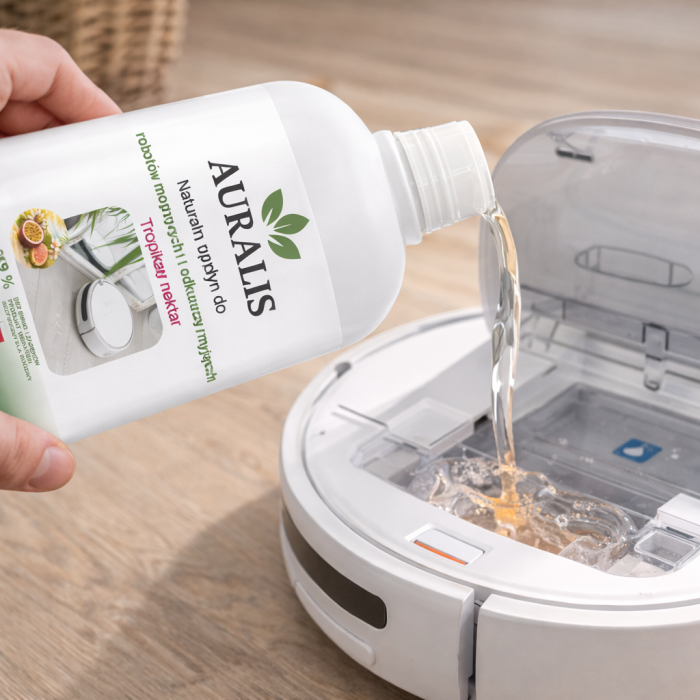 AURALIS płyn do robotów mopujących 500 ml podczas przygotowania urządzenia do pracy – preparat do stosowania w zbiorniku robota myjącego i odkurzacza myjącego.