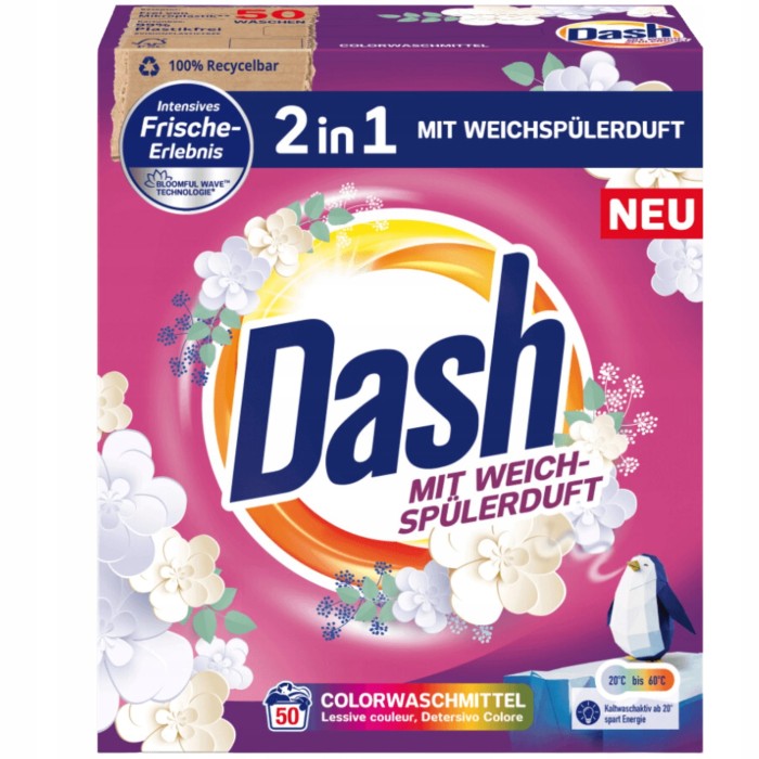 Dash Proszek do Prania Kolorów 2w1 z zapachem płynu do płukania 3 kg 50 prań