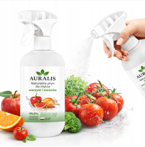 Auralis 500 ml – naturalny płyn do mycia owoców i warzyw. Pomaga usuwać osady, kurz, brud i wosk ze skórki. Odpowiedni do produktów jedzonych na surowo. Proste użycie: umyj i dokładnie spłucz wodą.