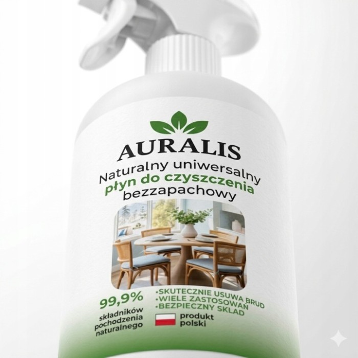 AURALIS naturalny płyn uniwersalny 0,5 l bezzapachowy w butelce z atomizerem – wygodny środek do codziennego sprzątania różnych powierzchni.