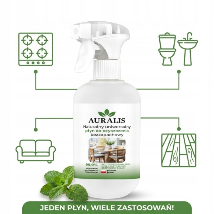 AURALIS naturalny płyn uniwersalny 0,5 l – bezzapachowy środek do czyszczenia domu, kuchni i łazienki, odpowiedni do regularnego stosowania.