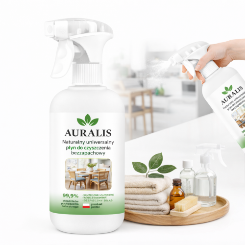 AURALIS naturalny płyn uniwersalny 0,5 l bezzapachowy – środek do codziennego czyszczenia kuchni, łazienki i różnych powierzchni w domu.