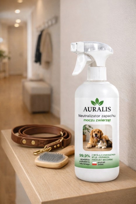 AURALIS neutralizator zapachu moczu zwierząt 500 ml – środek do usuwania zapachu moczu, odświeżania powierzchni i poprawy komfortu w domu ze zwierzętami.