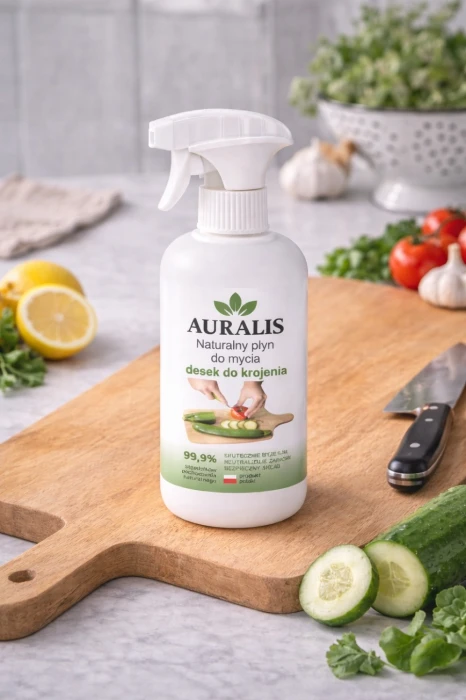 AURALIS płyn do mycia desek do krojenia 500 ml w kuchennej aranżacji – preparat do codziennego czyszczenia desek i utrzymania higieny podczas przygotowywania posiłków.