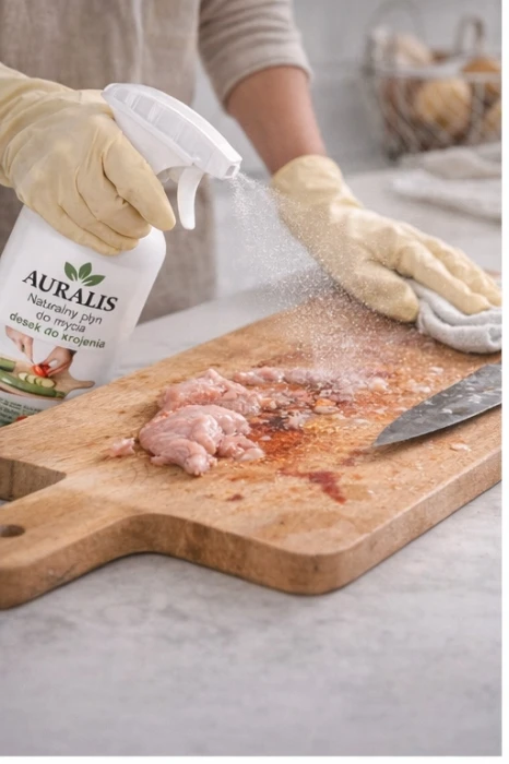 AURALIS płyn do mycia desek do krojenia 500 ml podczas czyszczenia drewnianej deski – środek pomagający usuwać zabrudzenia i neutralizować zapachy.