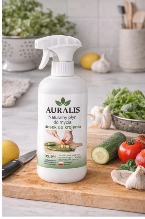 AURALIS naturalny płyn do mycia desek do krojenia 500 ml – preparat do regularnego czyszczenia desek kuchennych i odświeżania powierzchni roboczych.