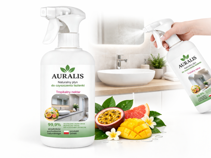 AURALIS płyn do czyszczenia łazienki Tropikalny nektar 500 ml – środek do codziennego czyszczenia łazienki, usuwania zabrudzeń i pozostawiania powierzchni bez zacieków.