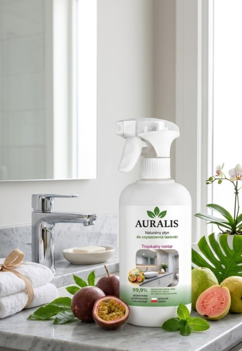 AURALIS płyn do czyszczenia łazienki Tropikalny nektar 500 ml w aranżacji łazienkowej – preparat do czyszczenia armatury, umywalki i innych powierzchni w łazience.