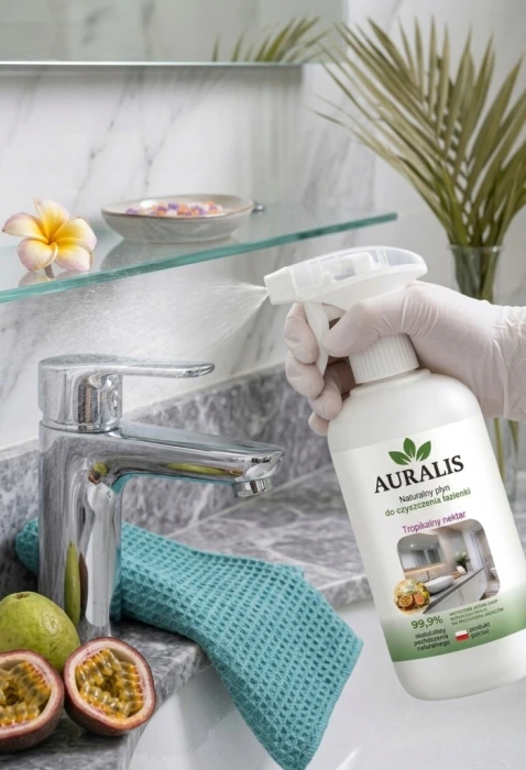 AURALIS płyn do czyszczenia łazienki Tropikalny nektar 500 ml podczas czyszczenia armatury – środek do usuwania codziennych zabrudzeń i odświeżania powierzchni.