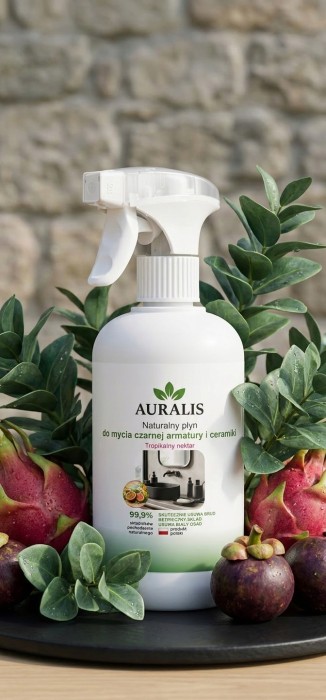 AURALIS płyn do czarnej armatury i ceramiki 500 ml – preparat do pielęgnacji powierzchni łazienkowych, pomagający utrzymać czystość i estetyczny wygląd.