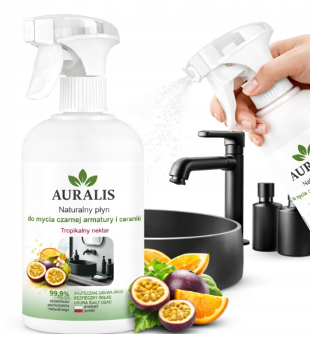 AURALIS płyn do czarnej armatury i ceramiki Tropikalny nektar 500 ml – preparat do codziennego czyszczenia czarnej armatury, ceramiki i powierzchni łazienkowych bez smug.