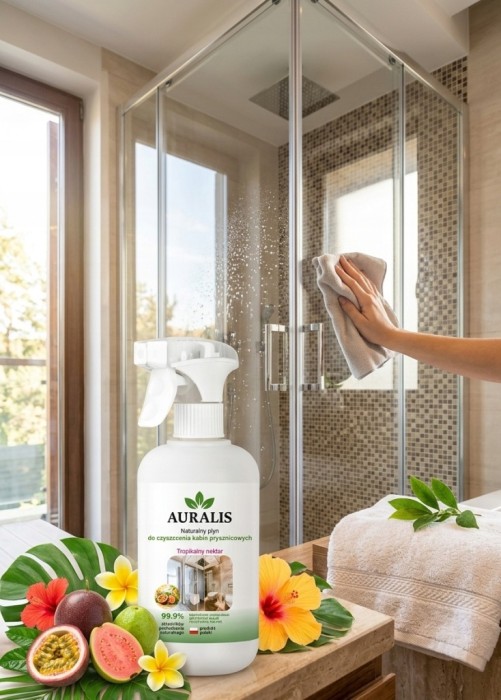 AURALIS płyn do kabin prysznicowych 500 ml w aranżacji łazienkowej – preparat do czyszczenia szyb prysznicowych i powierzchni narażonych na osady oraz zacieki.