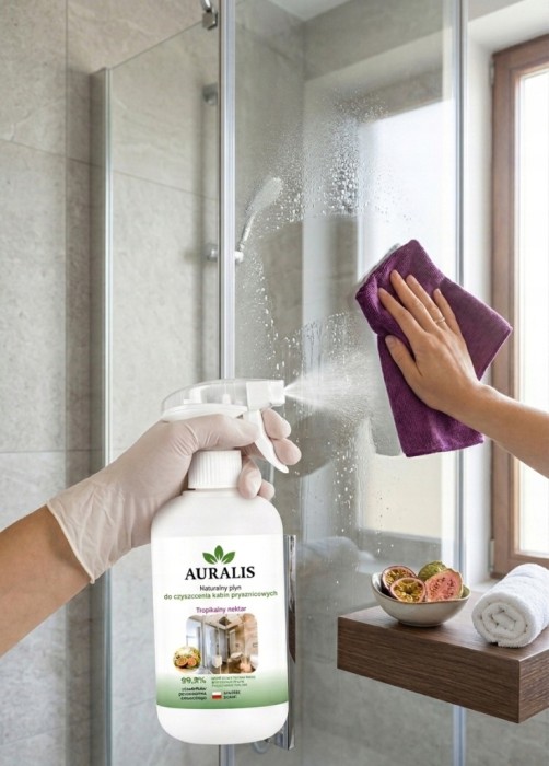 AURALIS środek do kabin prysznicowych Tropikalny nektar 500 ml podczas czyszczenia szyby – produkt do usuwania codziennych zabrudzeń, osadów i śladów w łazience.